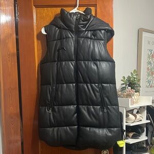 Black faux leather  Puffer Vest with Hood